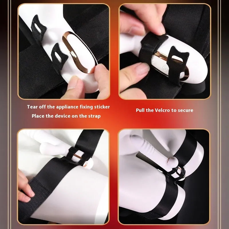 Black knitted sex toy strap for women showing adjustable appliance accessory design