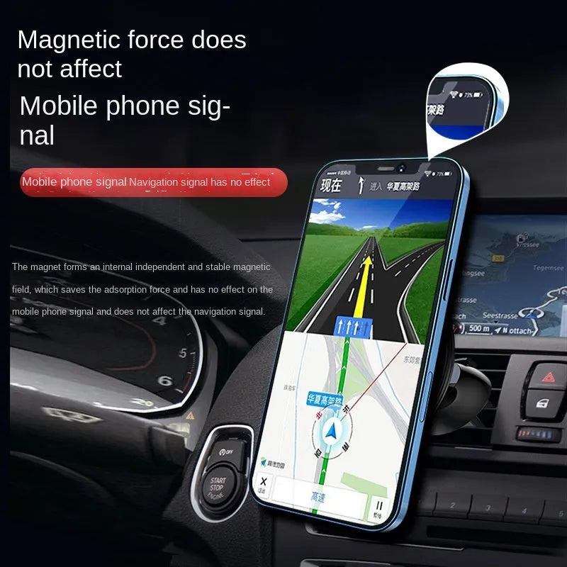 Black aluminium alloy magnetic car phone holder mounted on vehicle air vent