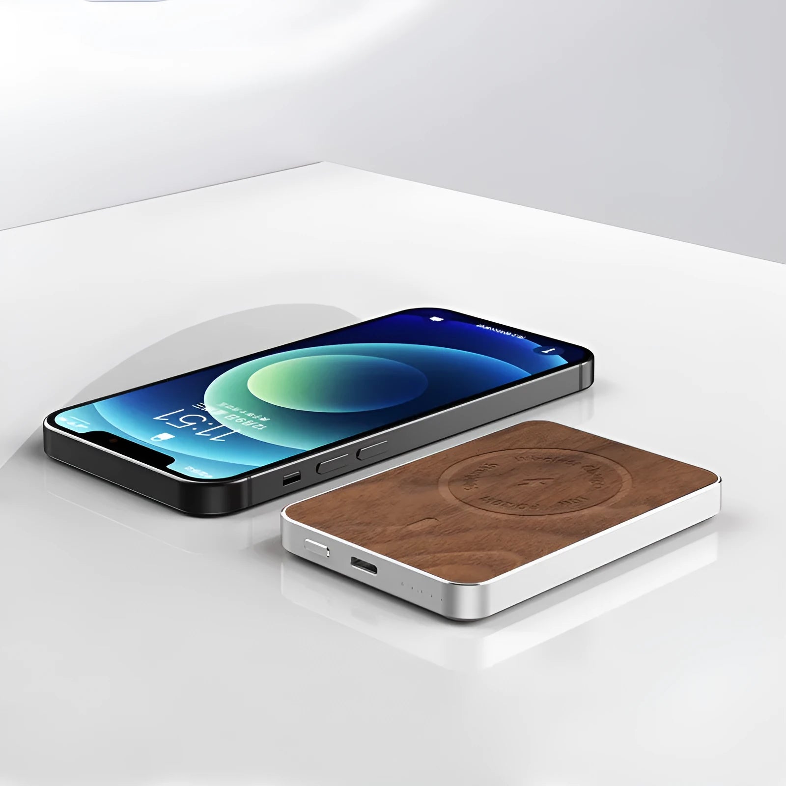 Khaki coloured magnetic wireless charging bank with alloy shell showing dimensions and charging ports