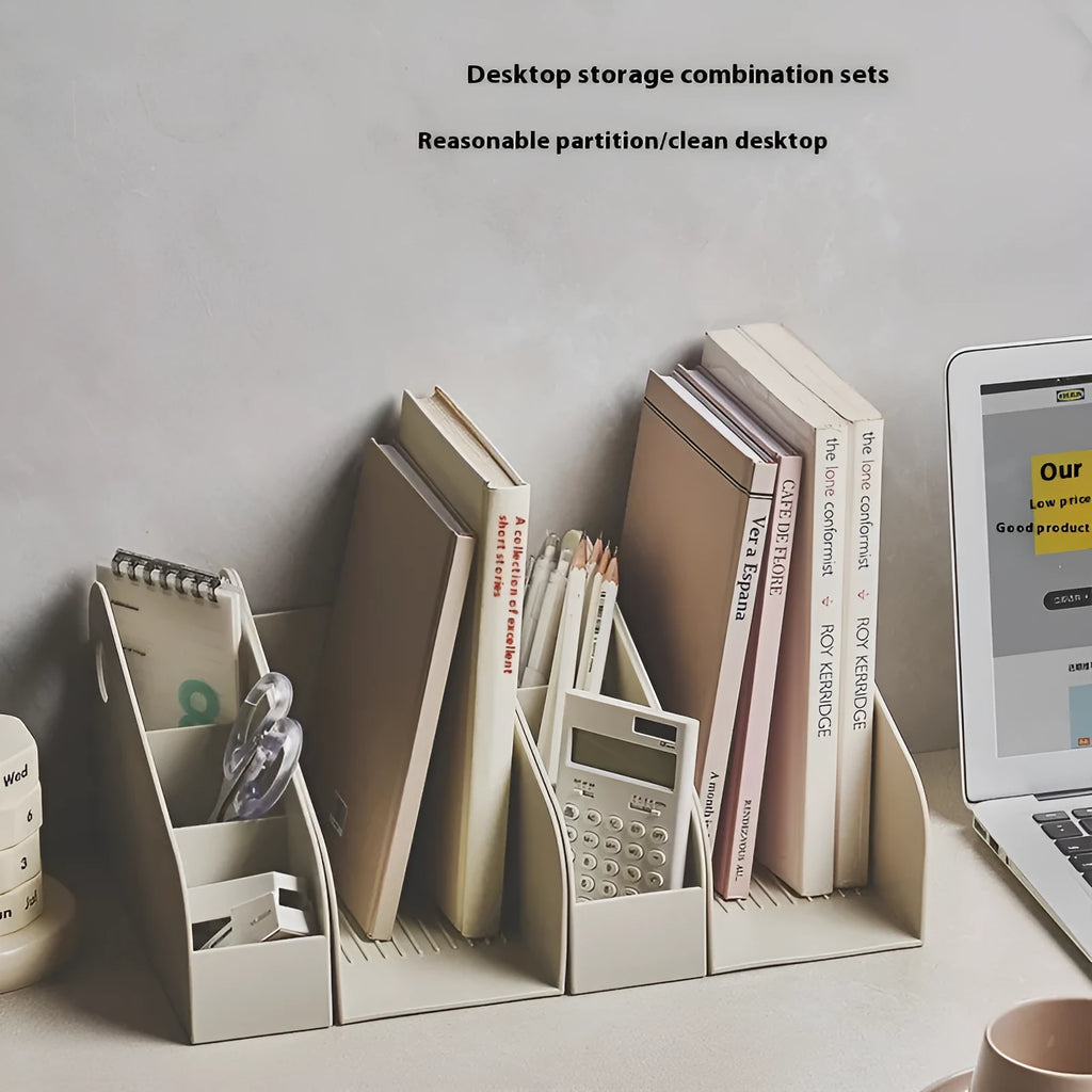 Two-layer plastic desktop storage box in milk coffee colour measuring 14.5 x 17 x 22 cm