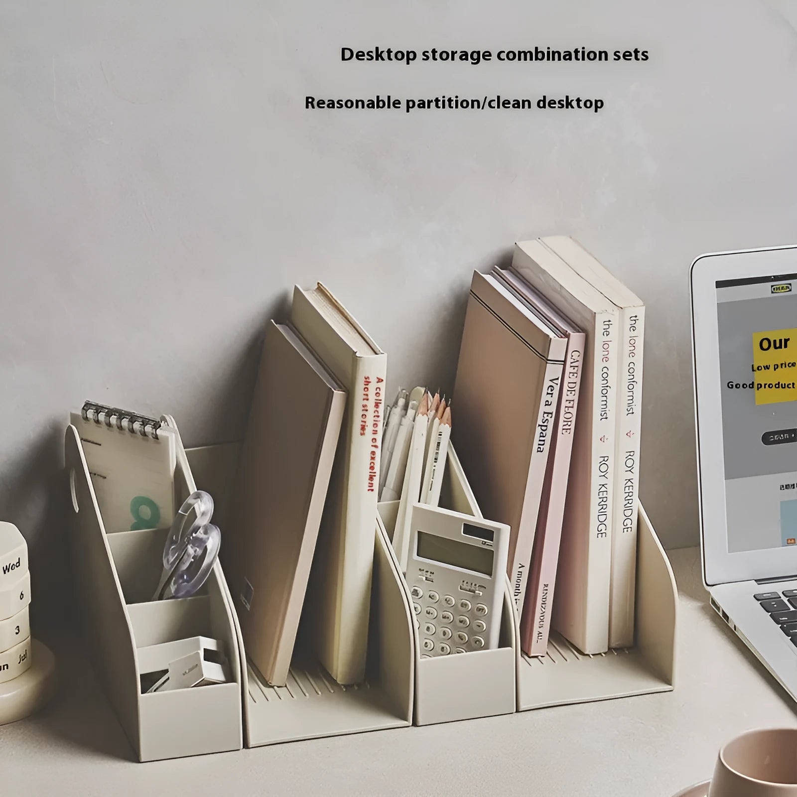 Two-layer plastic desktop storage box in milk coffee colour measuring 14.5 x 17 x 22 cm