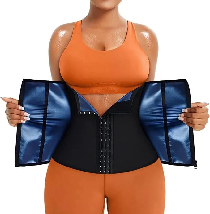 Sports waist shaping belly belt in blue or silver made from composite fabric neoprene with adjustable abdomen contraction