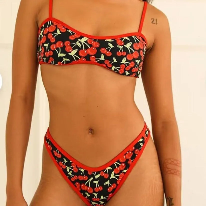 Cherry print polyester bikini swimsuit for women with tube top and brief-style bottoms