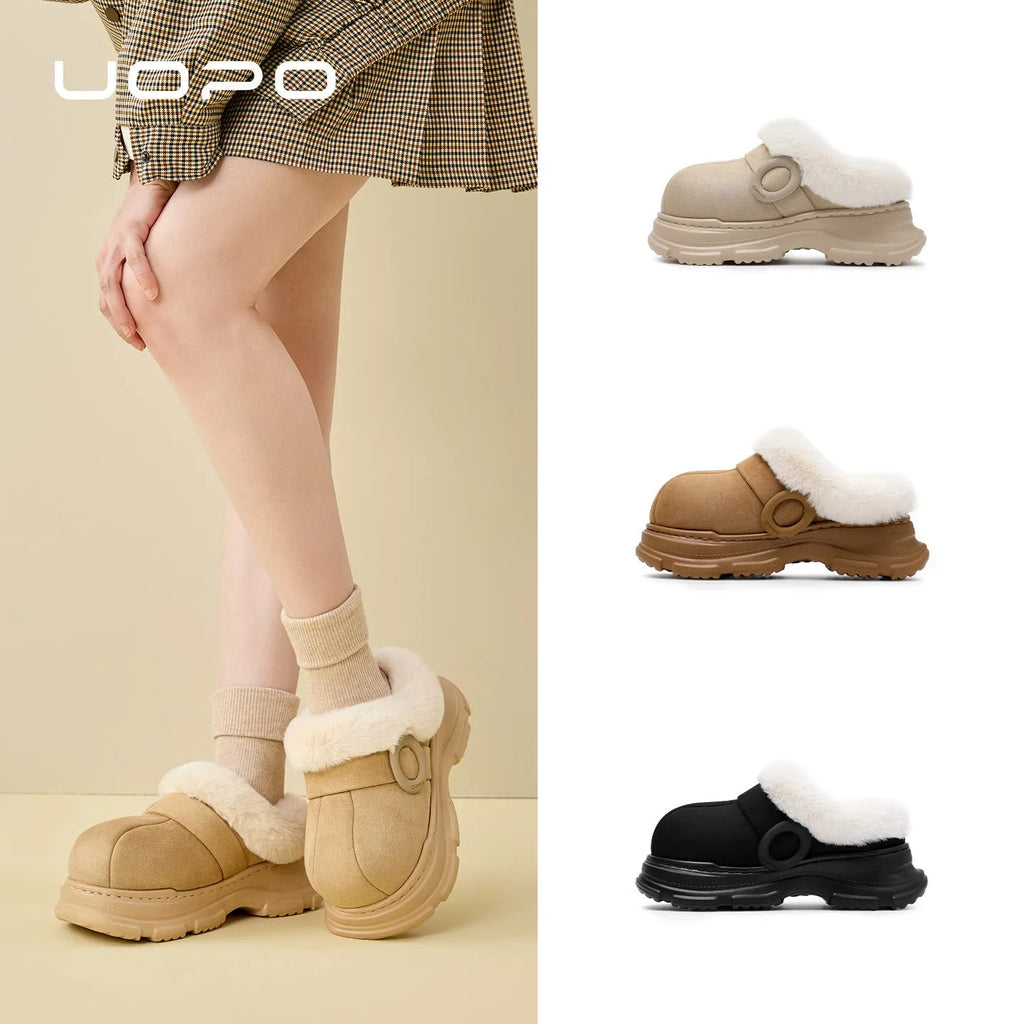 Women's non-slip faux fur slippers with 5cm heel in caramel colour