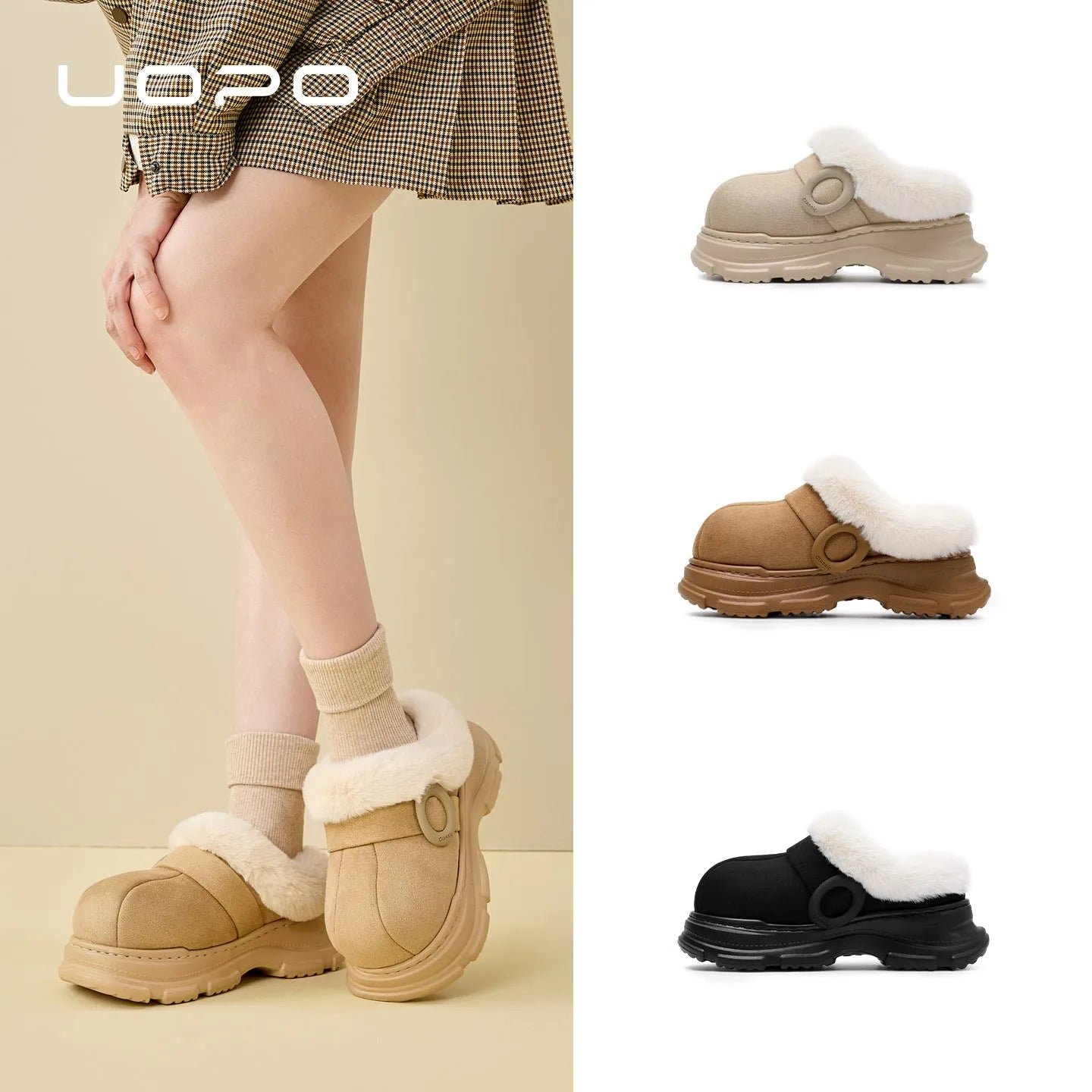 Women's non-slip faux fur slippers with 5cm heel in caramel colour