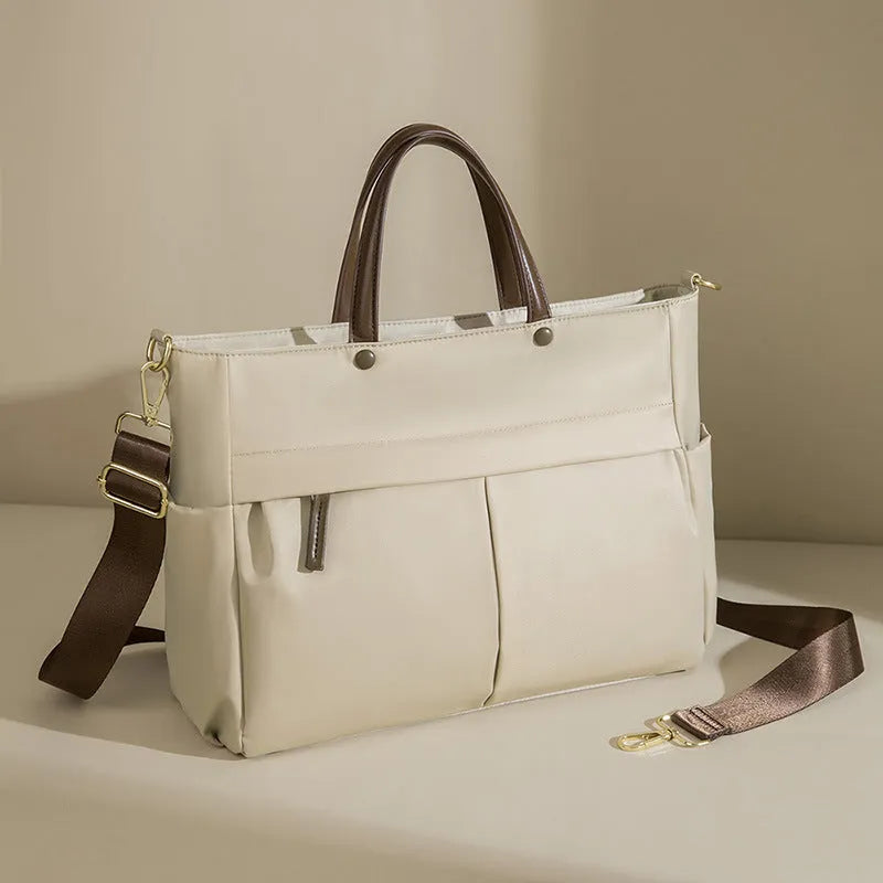 Women's Oxford cloth briefcase laptop bag with contrast stitching in elegant black colour