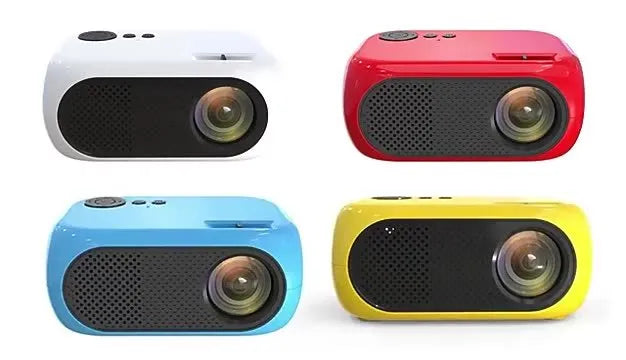 M24 portable micro projector in gold or white colour with power adapter and AV cable