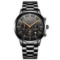 Men's waterproof quartz watch with moon phase display in black and rose gold colour option