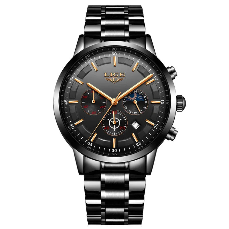 Men's waterproof quartz watch with moon phase display in black and rose gold colour option