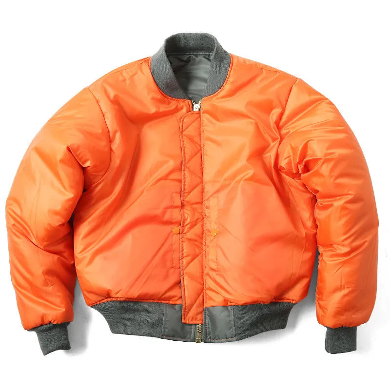 Men's reversible pilot-style cotton padded jacket in Army Green, showing loose fit and double-sided design