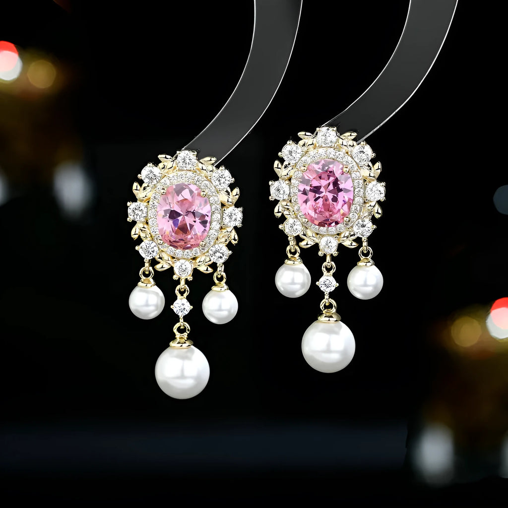 Oval geometric earrings with zircon inlay and pearl tassels in pink, blue, purple, and white colour options