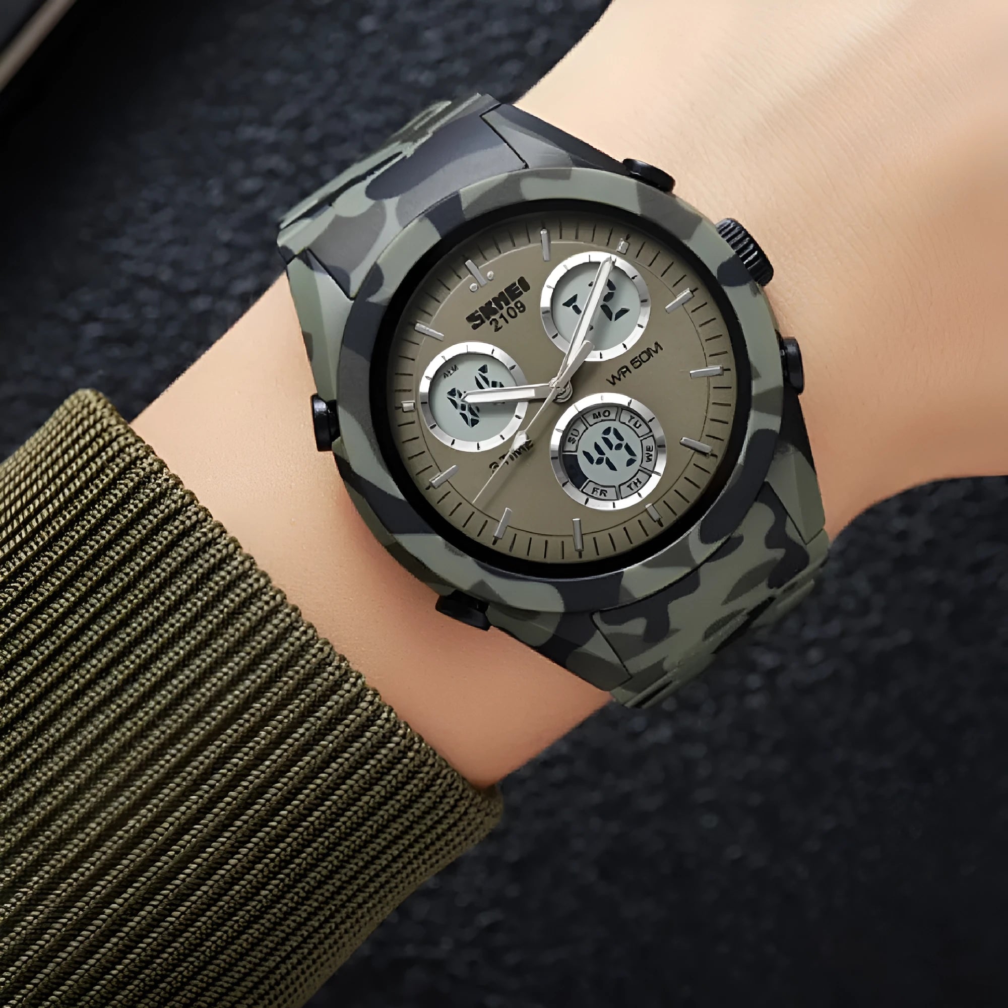 Electronic casual watch with 50m waterproof rating in camouflage colour option with resin mirror and TPU strap