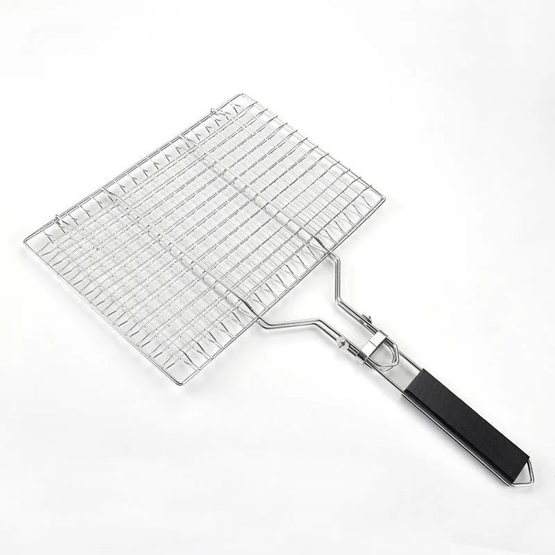 Square stainless steel folding barbecue mesh basket with a cleaning brush