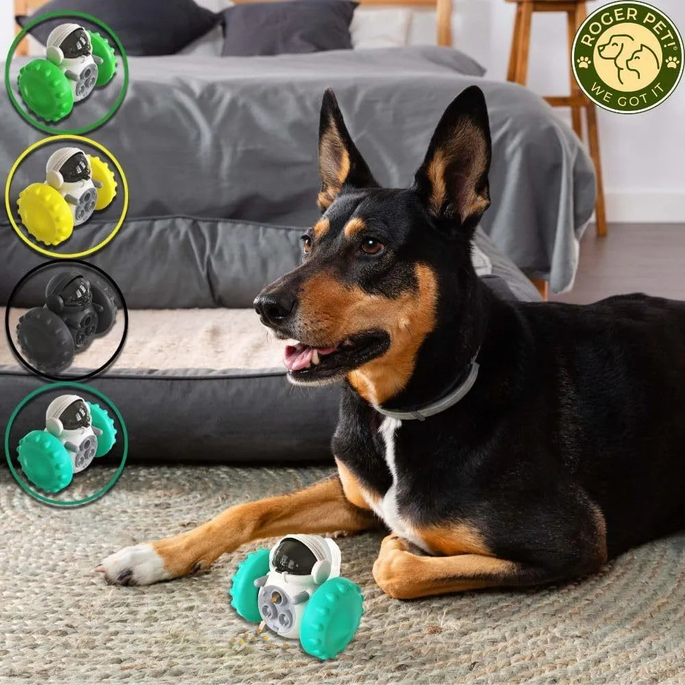 Robot-shaped treat dispenser tumbler toy for small dogs and cats in assorted colours.