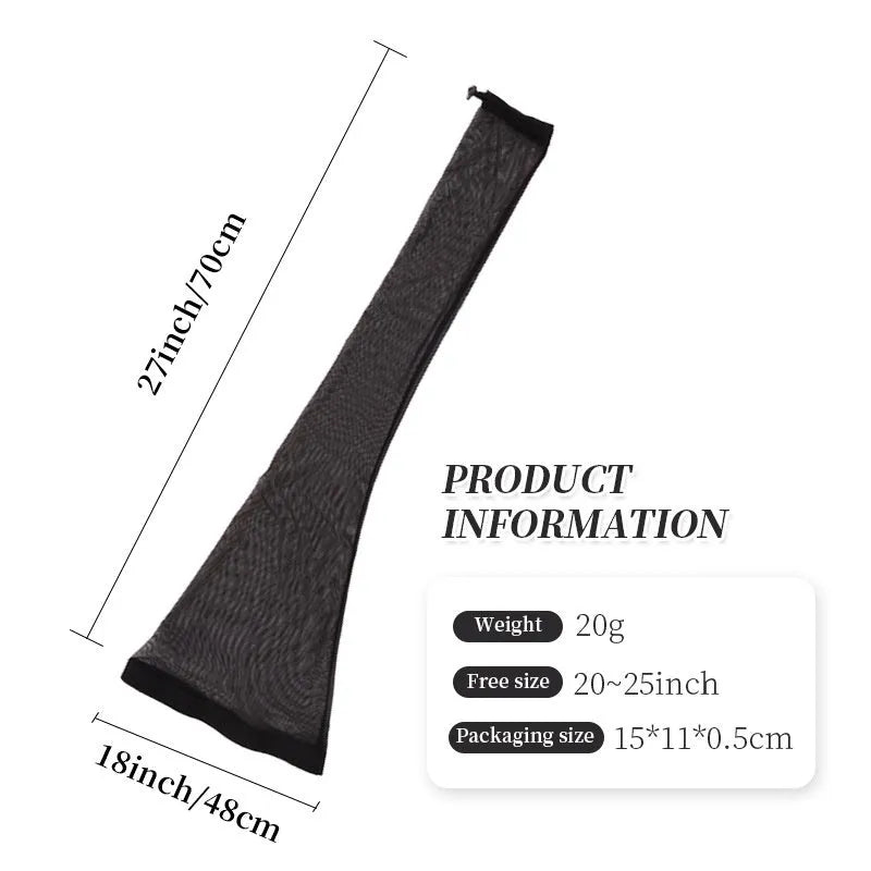 Breathable black mesh wig cap with elastic spandex material shown stretched.
