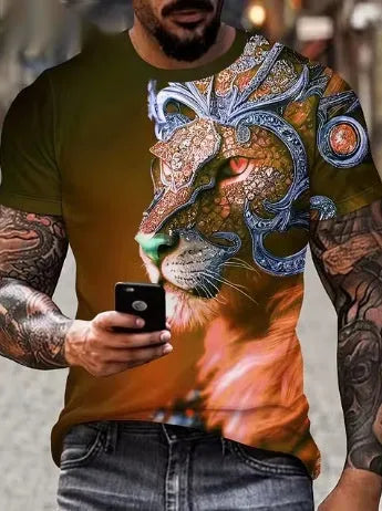 Men's grey t-shirt with a fierce 3D lion graphic print on the front