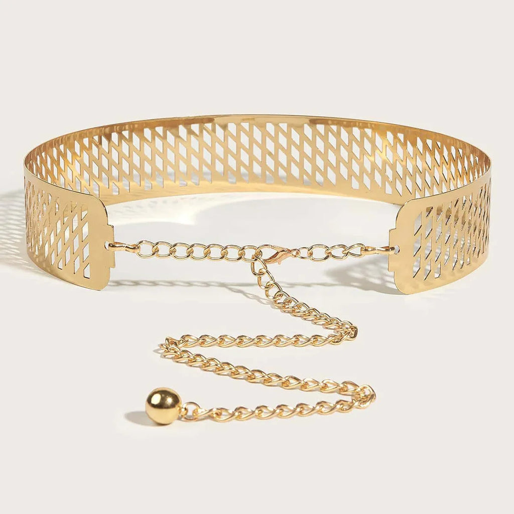Gold punk waist chain belt with alloy buckle, 105cm long and 4.5cm wide.