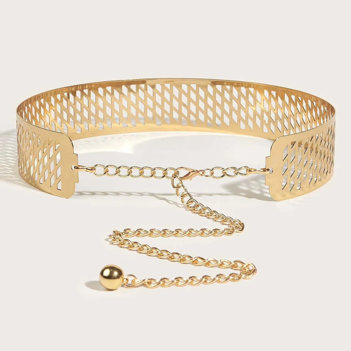 Gold punk waist chain belt with alloy buckle, 105cm long and 4.5cm wide.