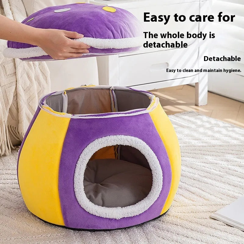 Mushroom-shaped thermal plush cat bed in gray, pink or purple colour options