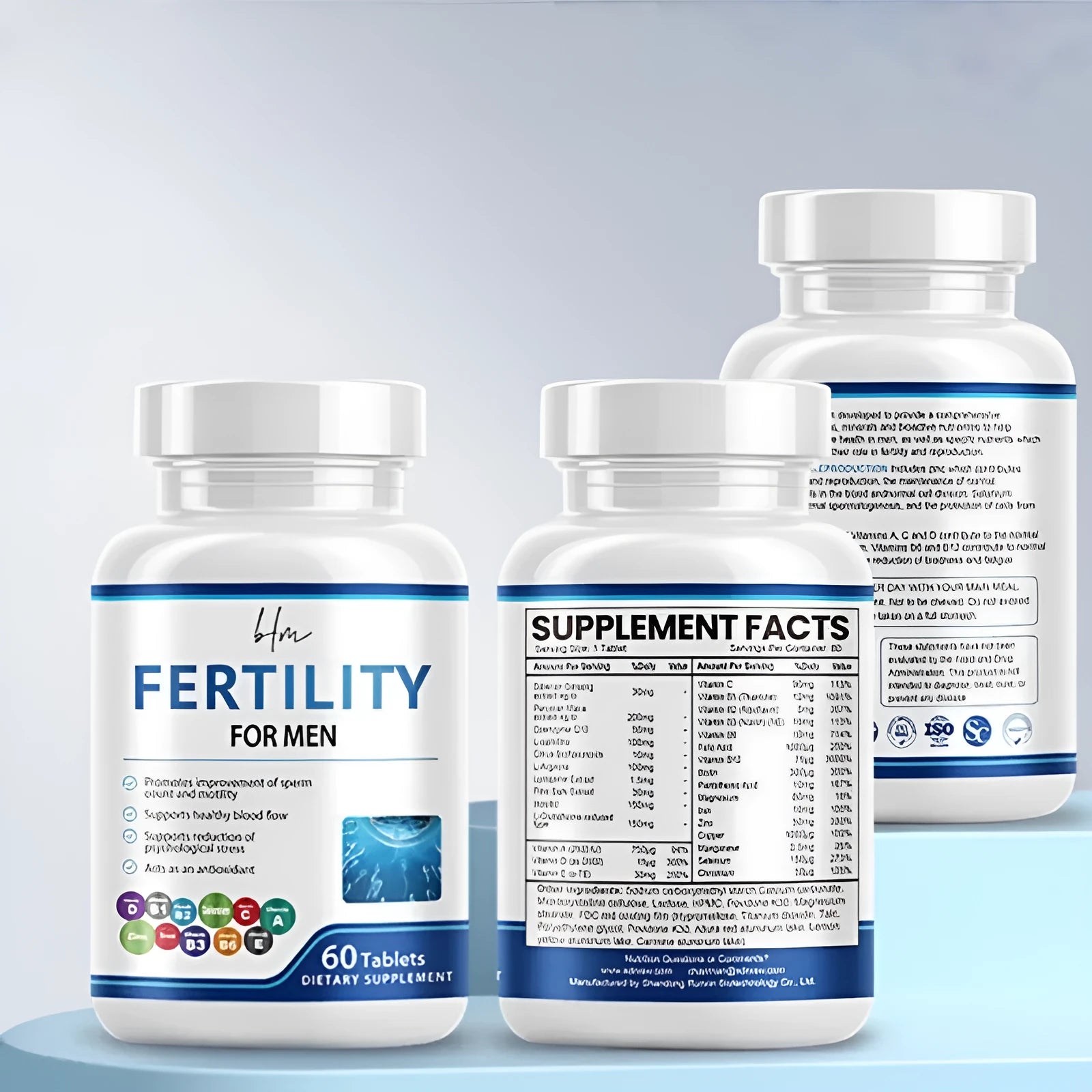 One bottle of 60 male fertility tablets, a dietary supplement with a vitamin mineral amino acid complex.