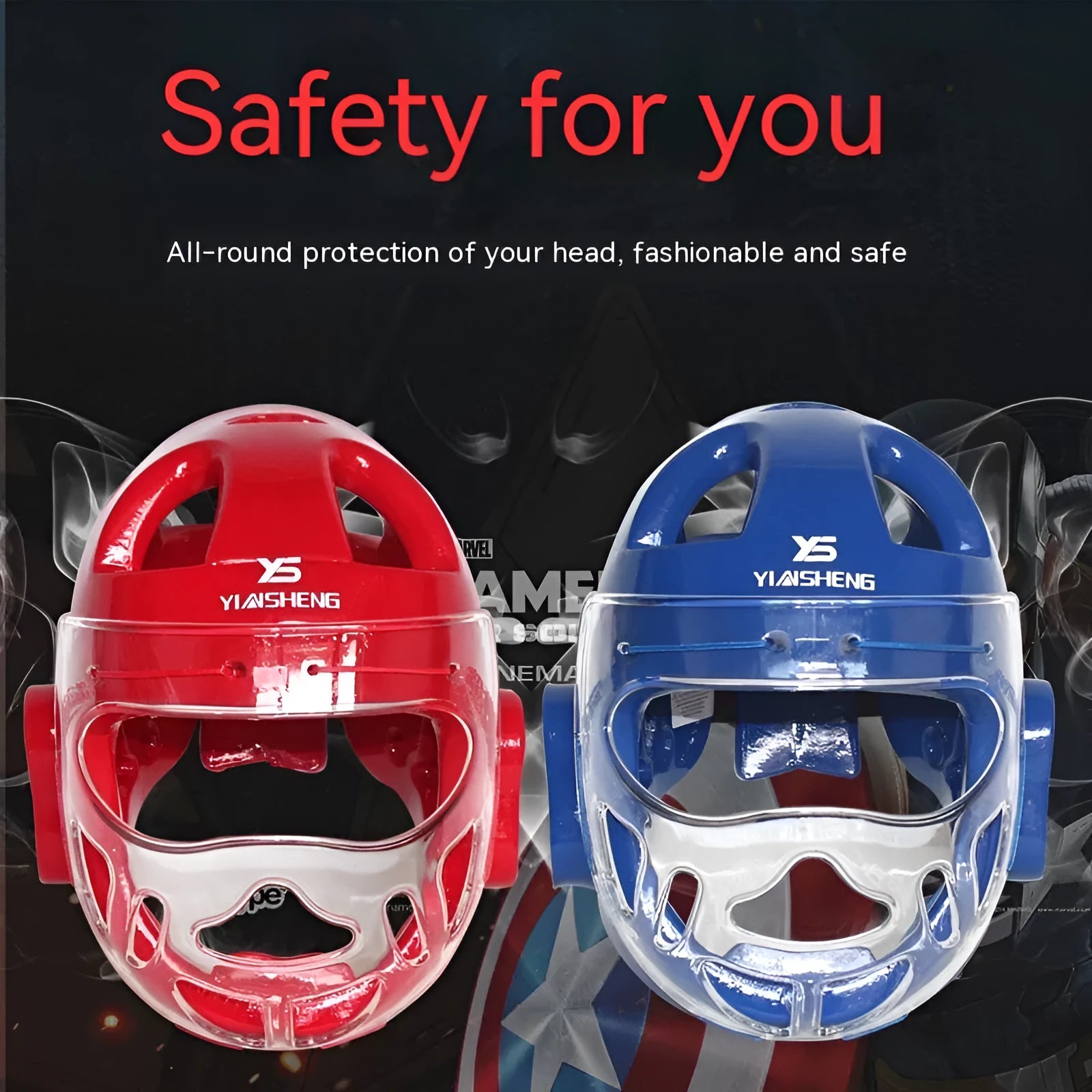 Karate helmet protective equipment in white, blue and red colours with multiple size options