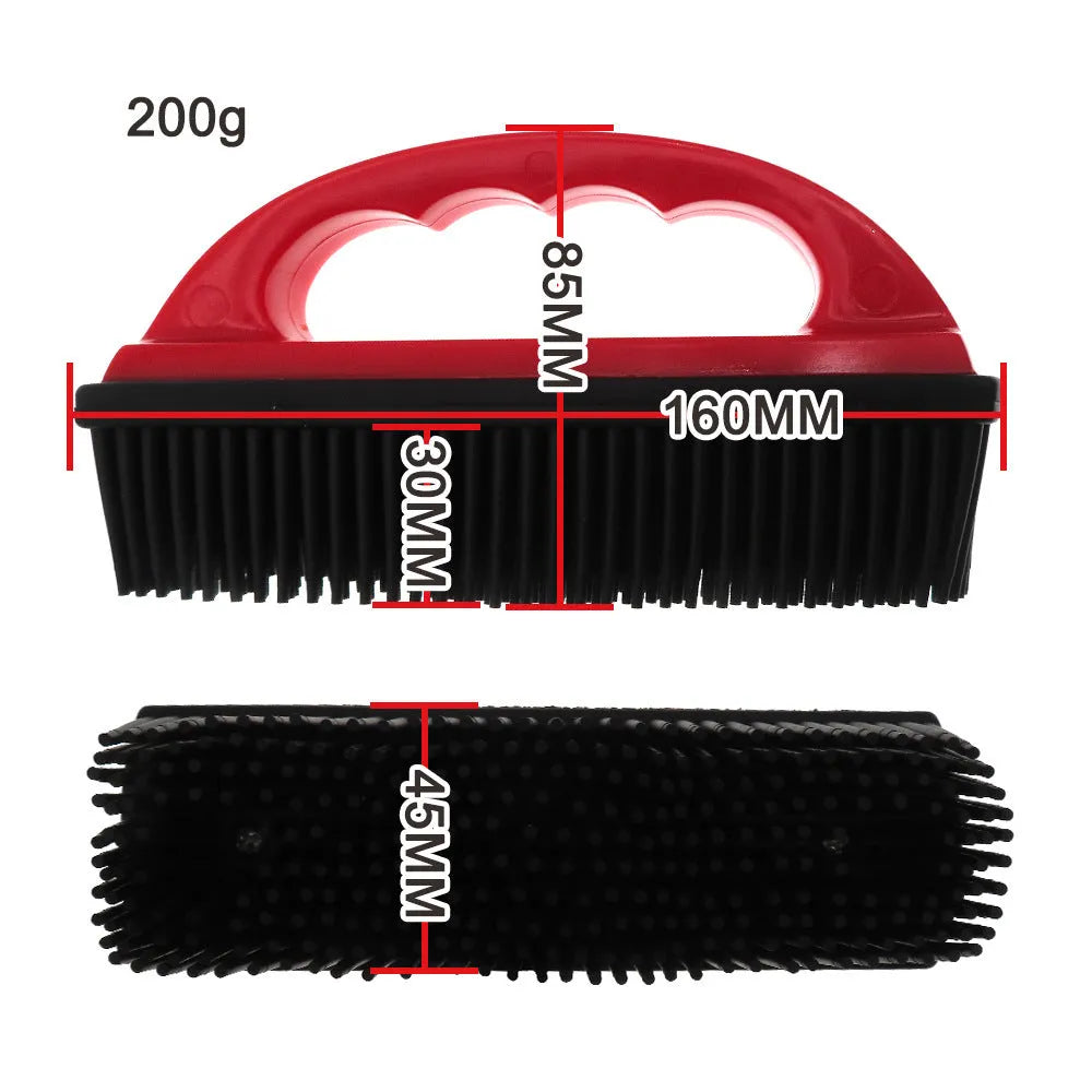 Red pet hair removal brush for grooming and carpet cleaning measuring 160mm by 85mm