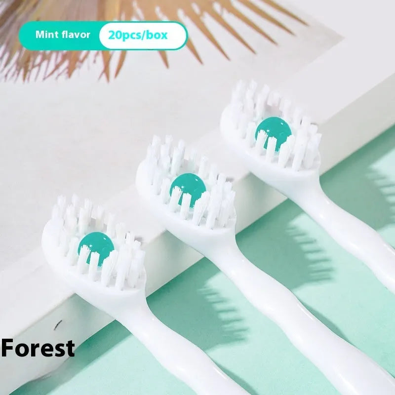 Box containing 20 individual disposable bead toothbrushes with built-in toothpaste for travel.