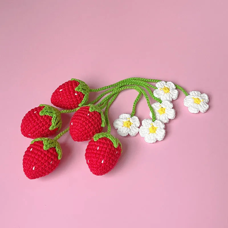 Red knitted wool crochet strawberry pendant with 35cm cord for accessory decoration