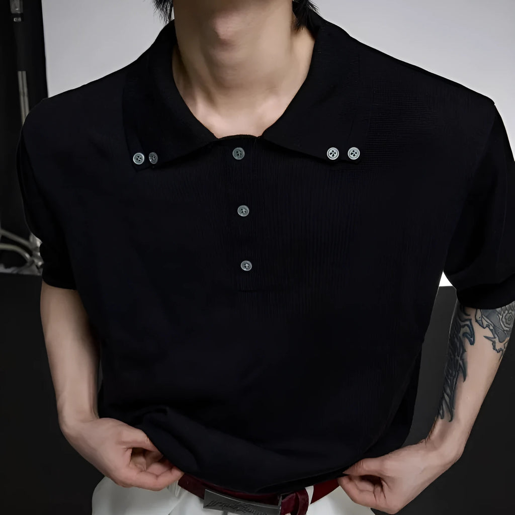 Men's black double collar polyester short sleeve shirt with loose fit design
