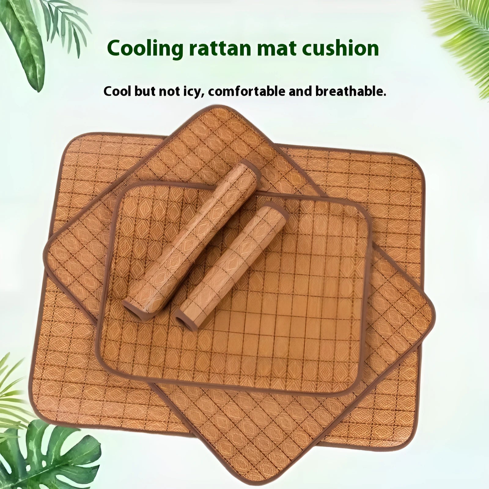 Brown woven rattan dog cooling mat for summer, shown in a large size.