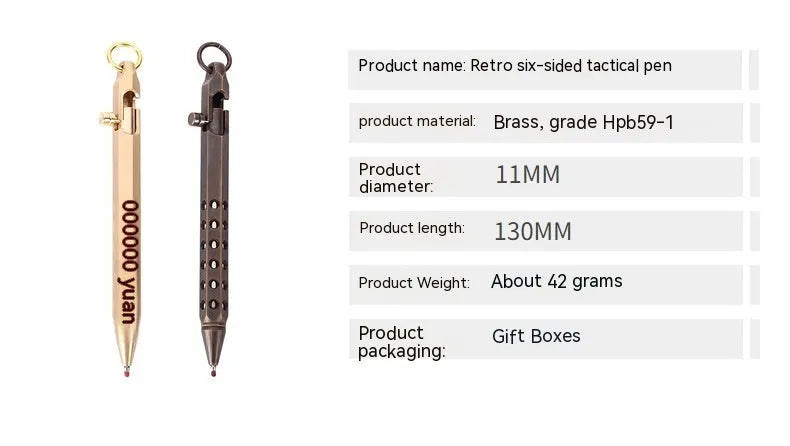 Brass hexagonal bolt rollerball pen with 0.5mm tip showing six-sided barrel design
