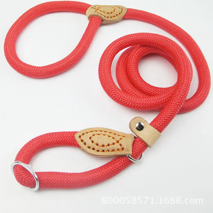Brown nylon P chain dog leash with hand holding rope measuring 2.1 metres long