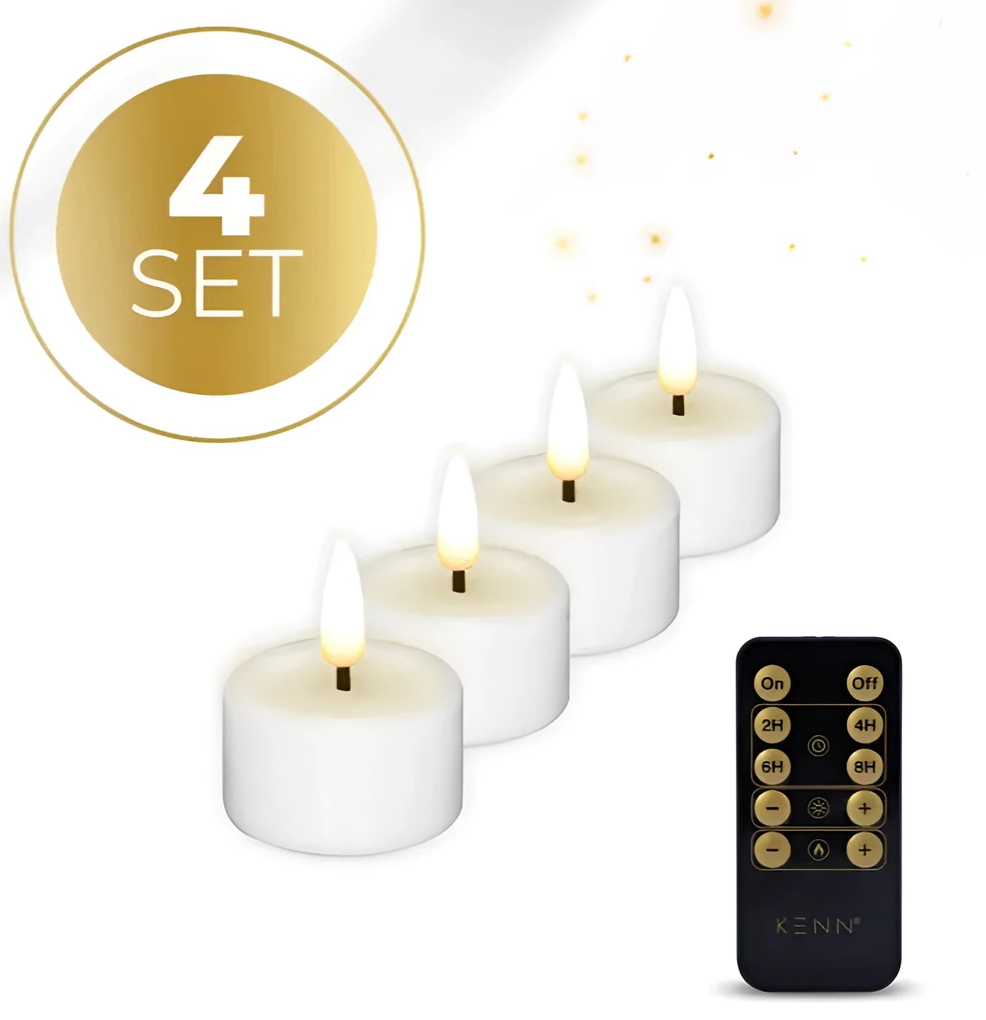Four white S4 LED tealight candles with flicker flame effect showing dimensions