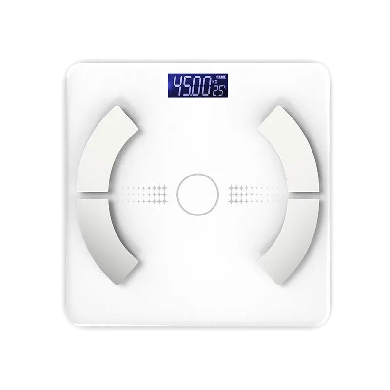 Smart Bluetooth body fat scale in white, black, or pink colour on bathroom floor