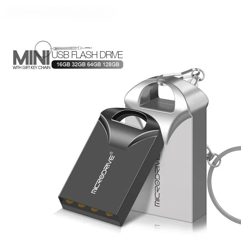 Mini metal USB flash drive in black or silver showing compact 23mm length with standard USB connector