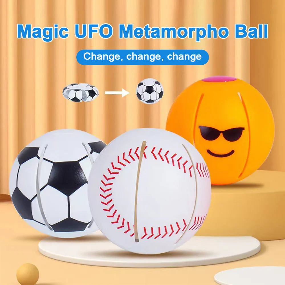 Glowing plastic dog toy showing ball and flying disc modes in orange colour