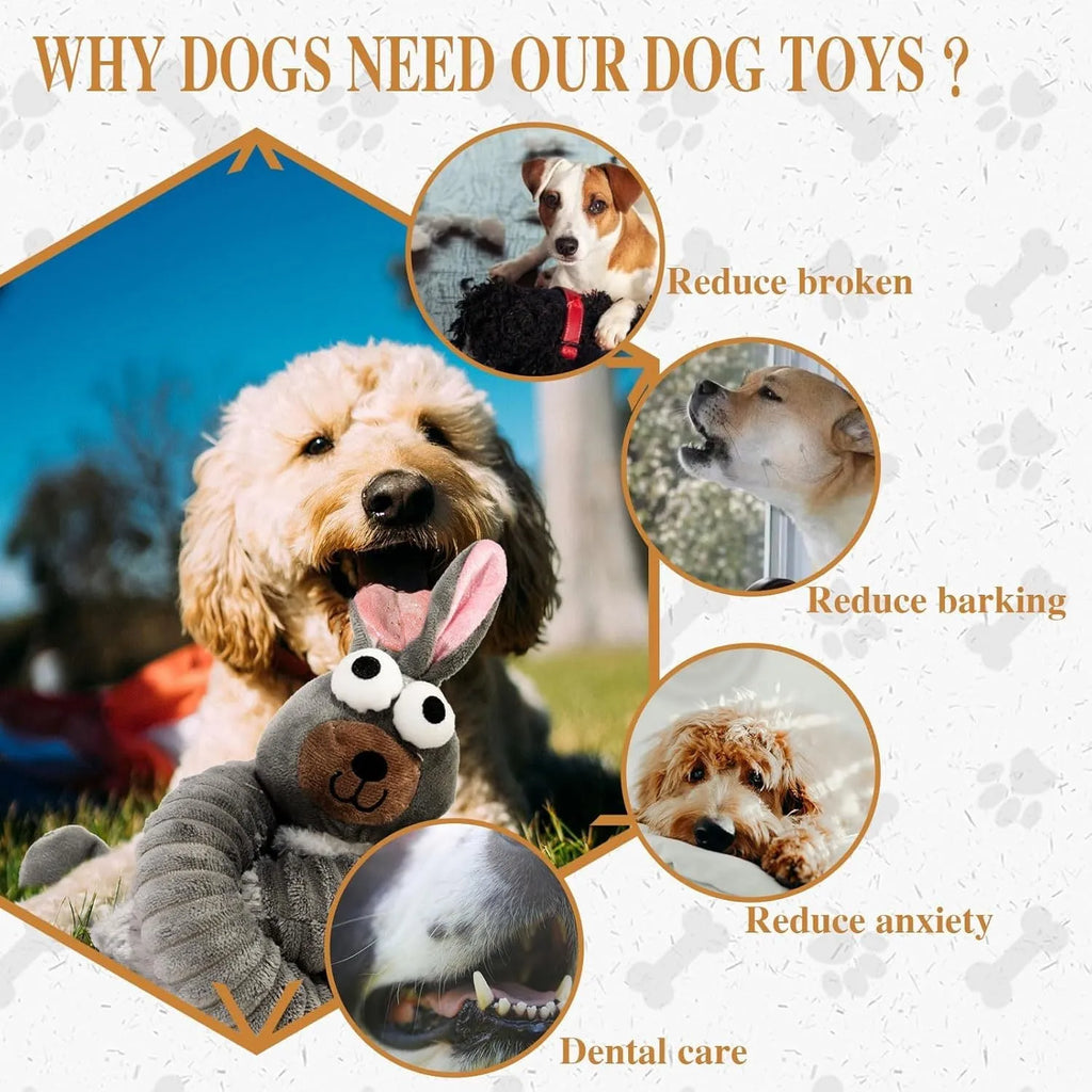 Brown, grey, and yellow plush dog toys with squeaker and crinkle features for teething and play