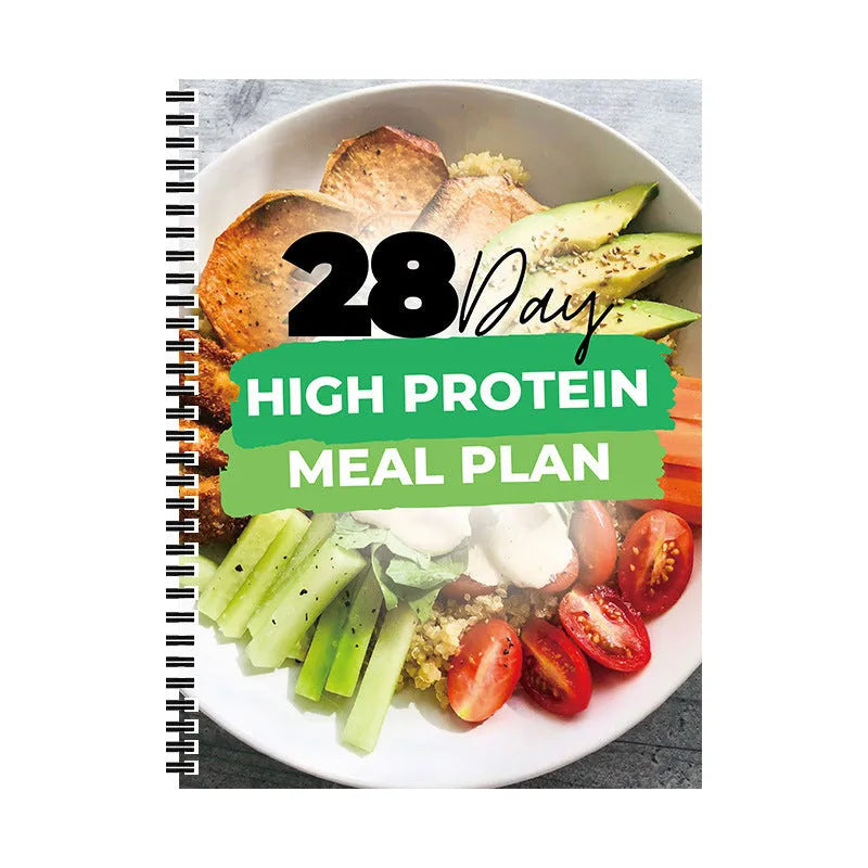 28-day high-protein diet plan book with A4 paper size and 28Day Dietary Plan cover colour on flat surface