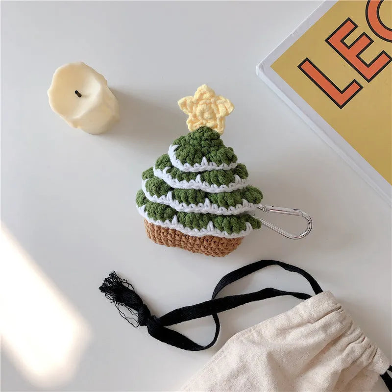 Green knitted Christmas tree flip-style headset case compatible with Apple AirPods models with hook