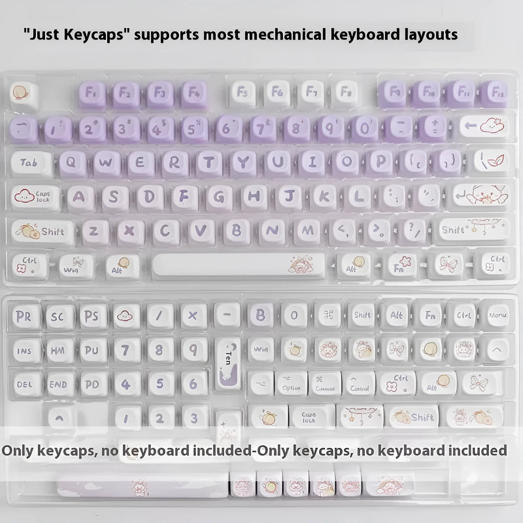 Full set of gradient purple PBT keycaps with rabbit design for mechanical keyboards.