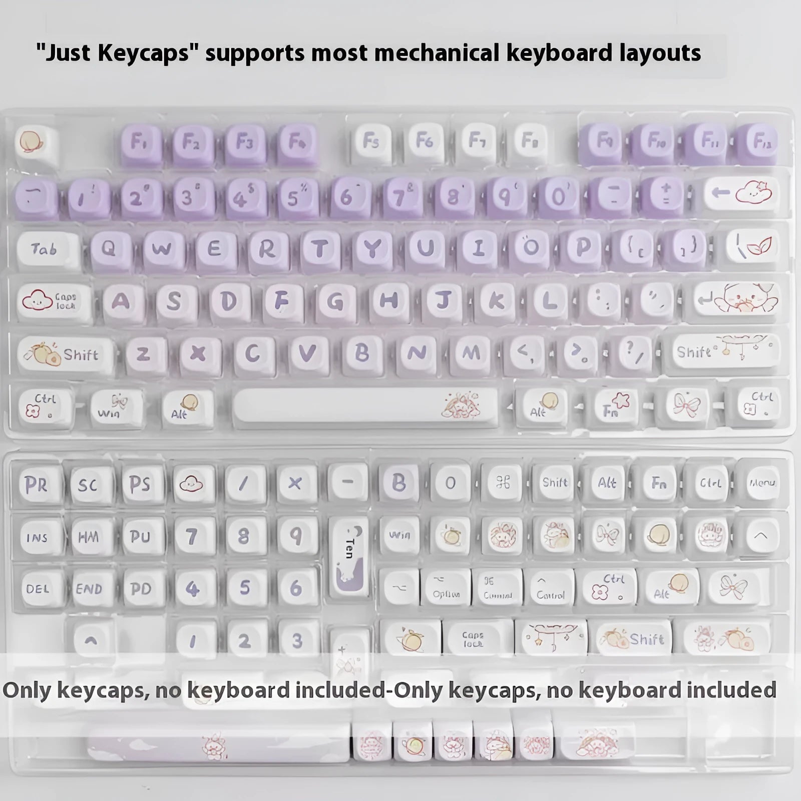 Full set of gradient purple PBT keycaps with rabbit design for mechanical keyboards.