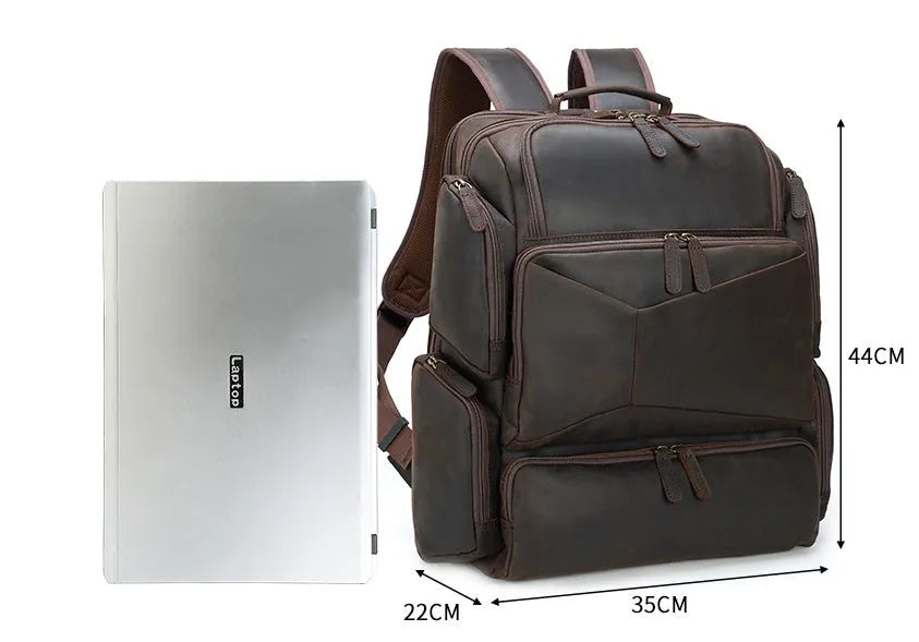 Dark brown retro leather backpack for men showing front view and open compartments.