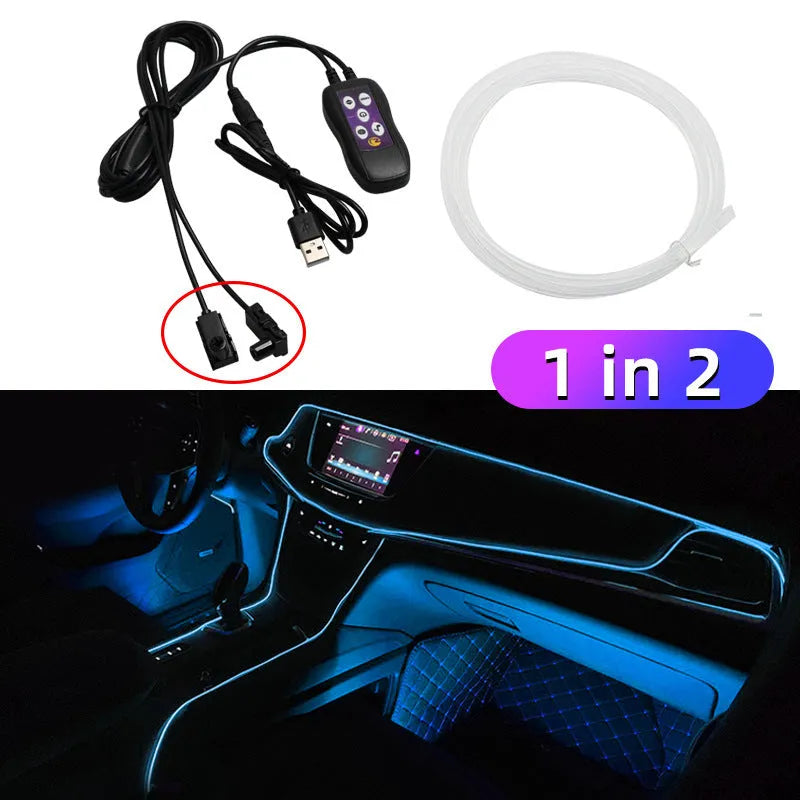Flexible PVC USB car LED ambient light strip for dashboard and centre console colour-changing decoration.