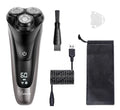Electric shaver with three rotating heads and pop-up sideburn trimmer on black background