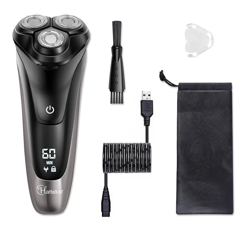 Electric shaver with three rotating heads and pop-up sideburn trimmer on black background