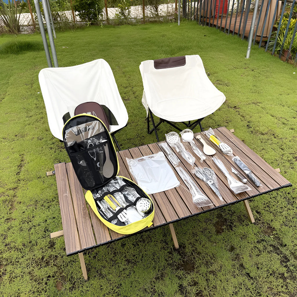 Picnic kitchenware storage bag containing 12 stainless steel utensils in brown, green, or khaki colour