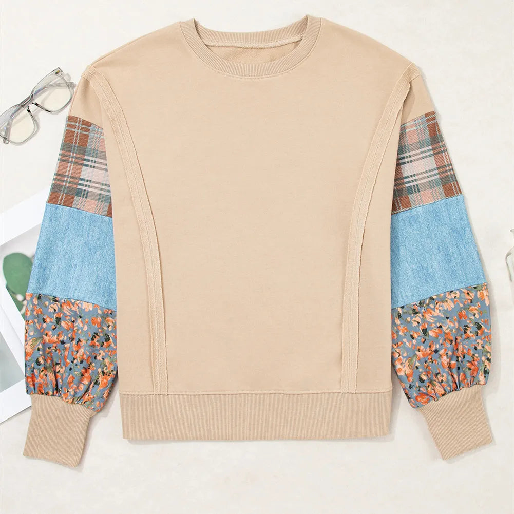 Women's beige and red plaid stitching long-sleeved loose fit casual top.