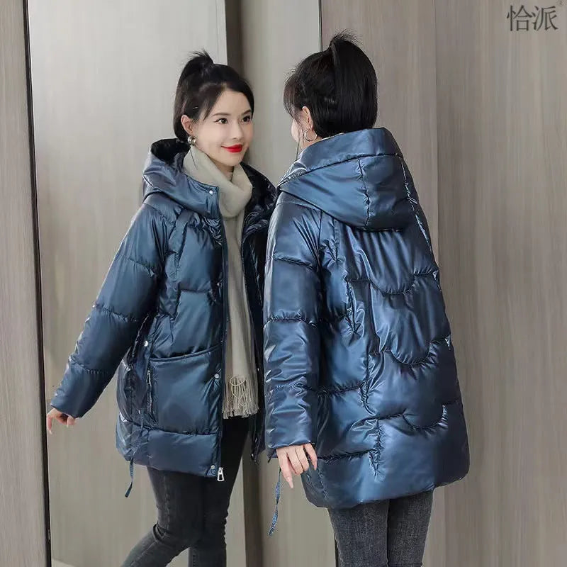 Women's loose thick hooded winter jacket in down cotton fabric available in four colours