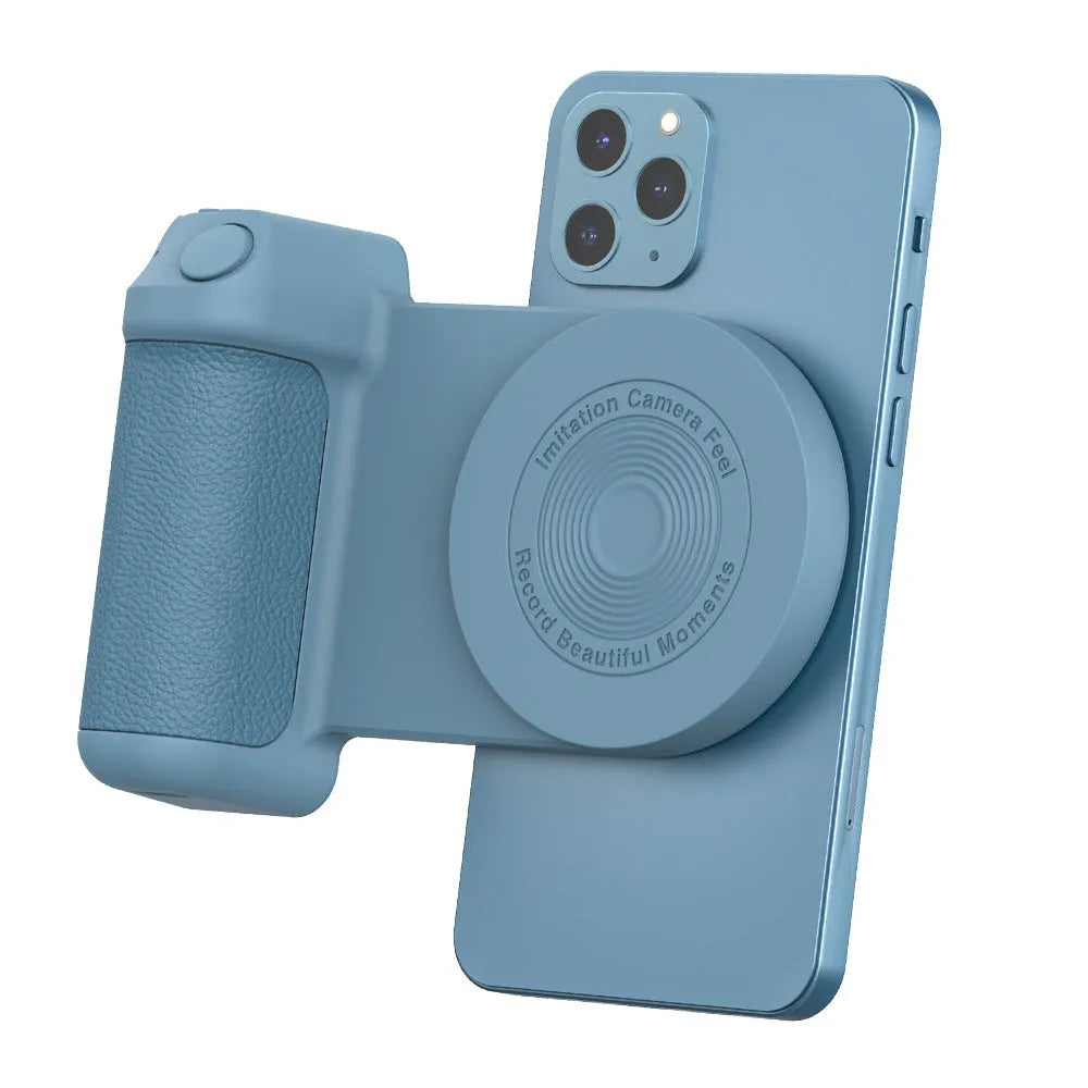 Black magnetic camera phone holder with rotatable tilt mechanism and ergonomic PU leather grip