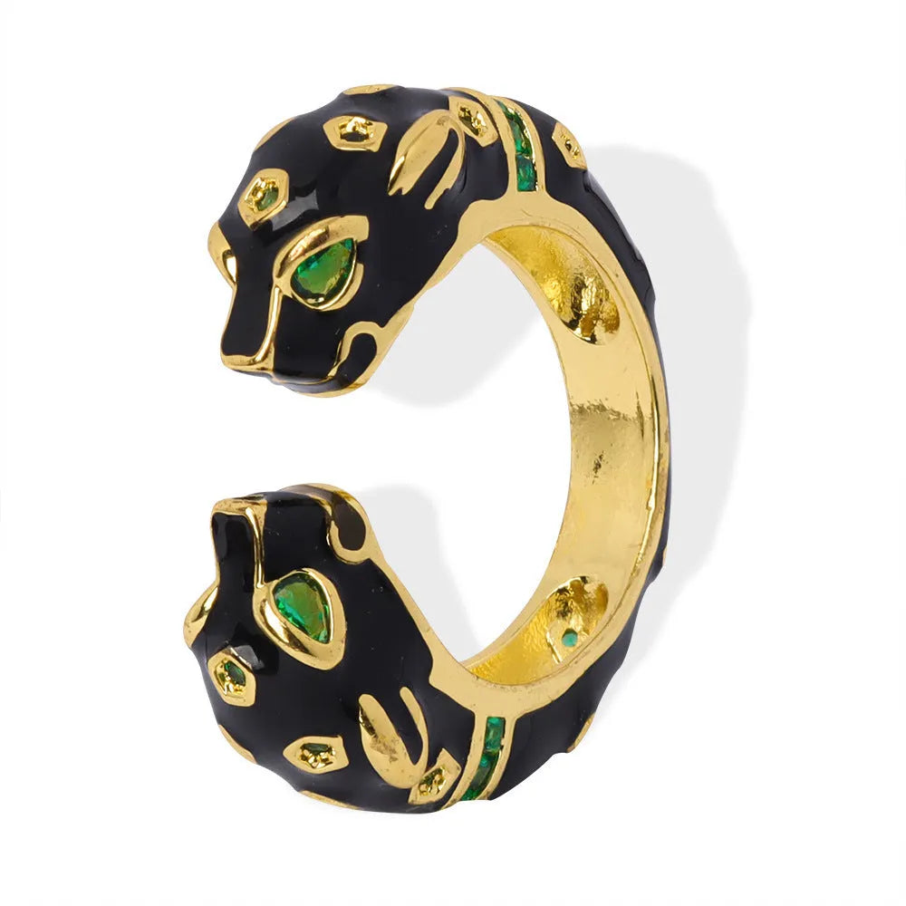 Geometric open ring for women with a black cheetah print pattern, size 7.